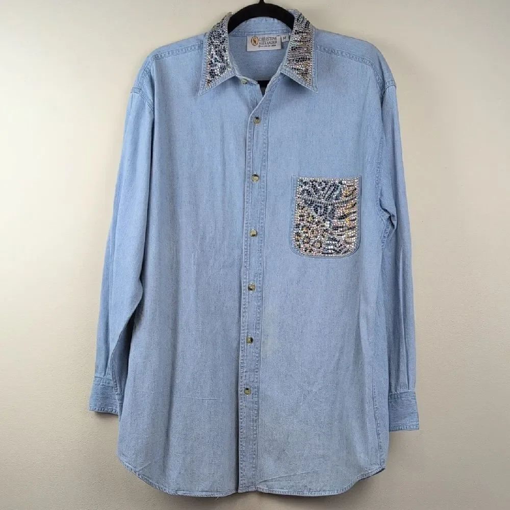 Christine Alexander Light Blue Denim Button Front Shirt with Embellished Details